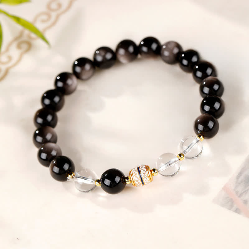 Buddha Stones Silver Sheen Obsidian Dzi Bead Protection Round Bracelet