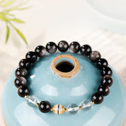Buddha Stones Silver Sheen Obsidian Dzi Bead Protection Round Bracelet