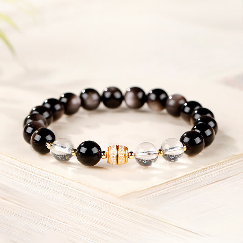 Buddha Stones Silver Sheen Obsidian Dzi Bead Protection Round Bracelet