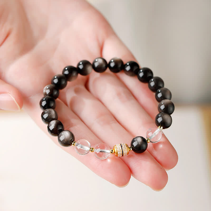 Buddha Stones Silver Sheen Obsidian Dzi Bead Protection Round Bracelet