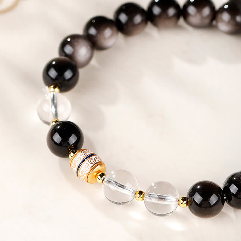 Buddha Stones Silver Sheen Obsidian Dzi Bead Protection Round Bracelet