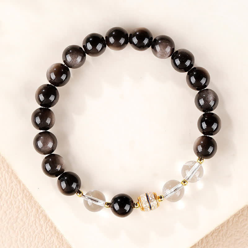 Buddha Stones Silver Sheen Obsidian Dzi Bead Protection Round Bracelet