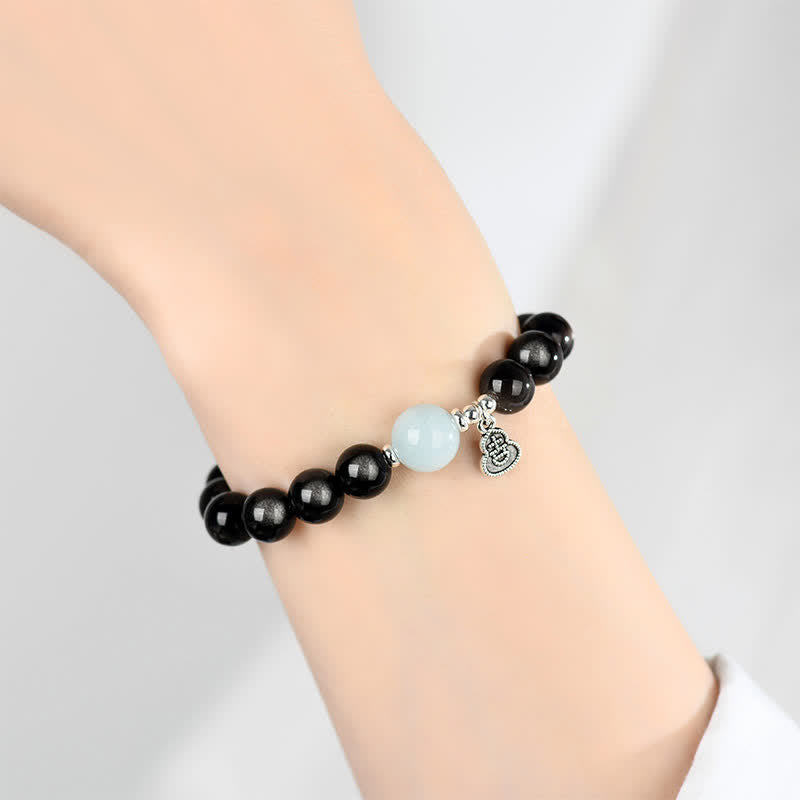 Buddha Stones Silver Sheen Obsidian Aquamarine Grounding Lucky Gourd Round Bracelet