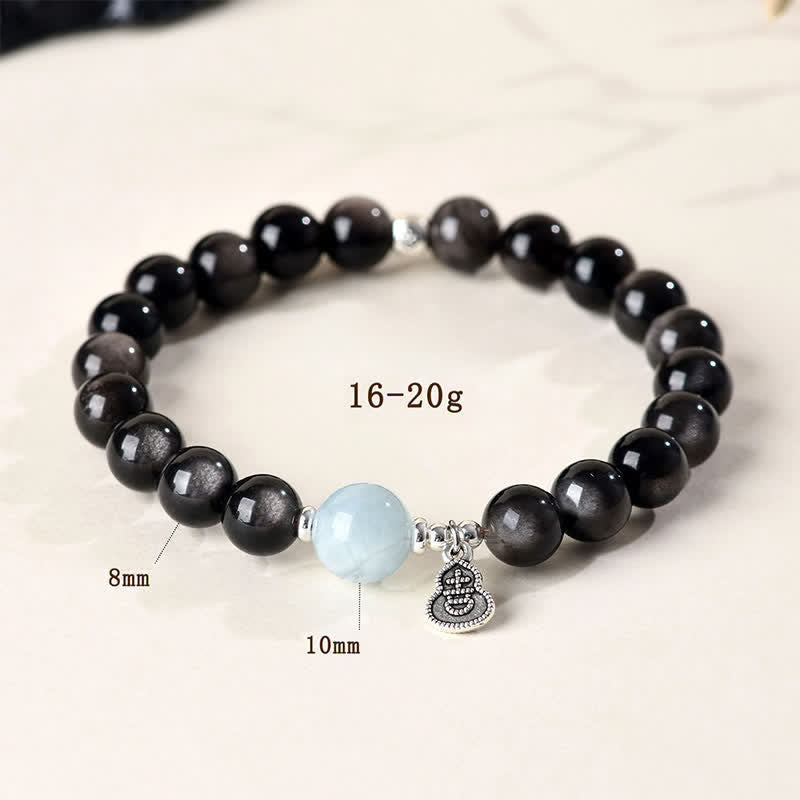 Buddha Stones Silver Sheen Obsidian Aquamarine Grounding Lucky Gourd Round Bracelet