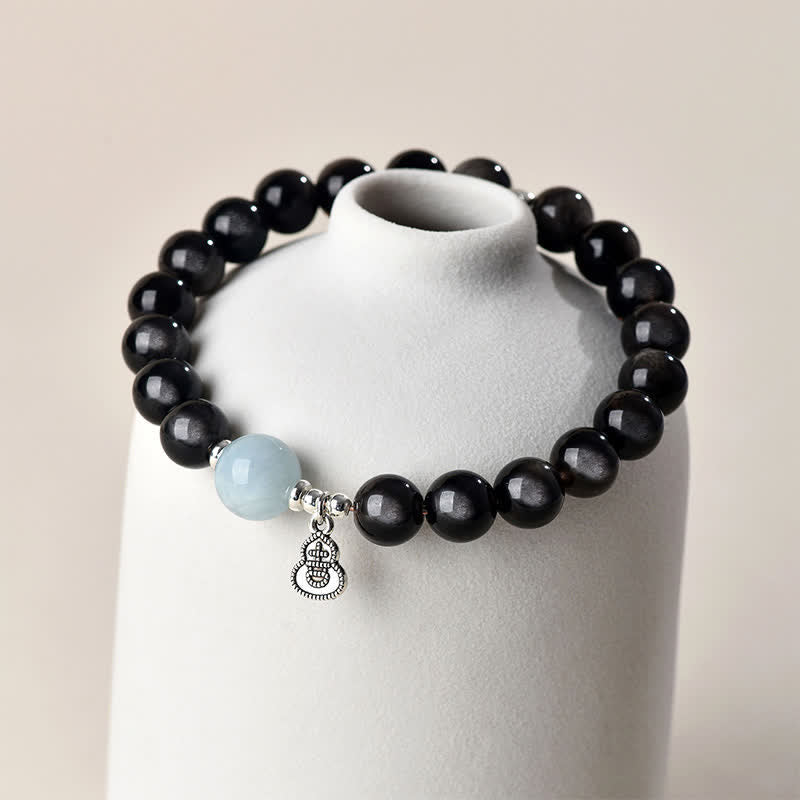 Buddha Stones Silver Sheen Obsidian Aquamarine Grounding Lucky Gourd Round Bracelet