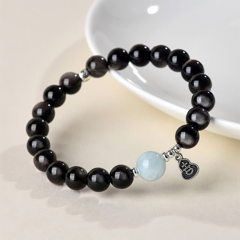 Buddha Stones Silver Sheen Obsidian Aquamarine Grounding Lucky Gourd Round Bracelet