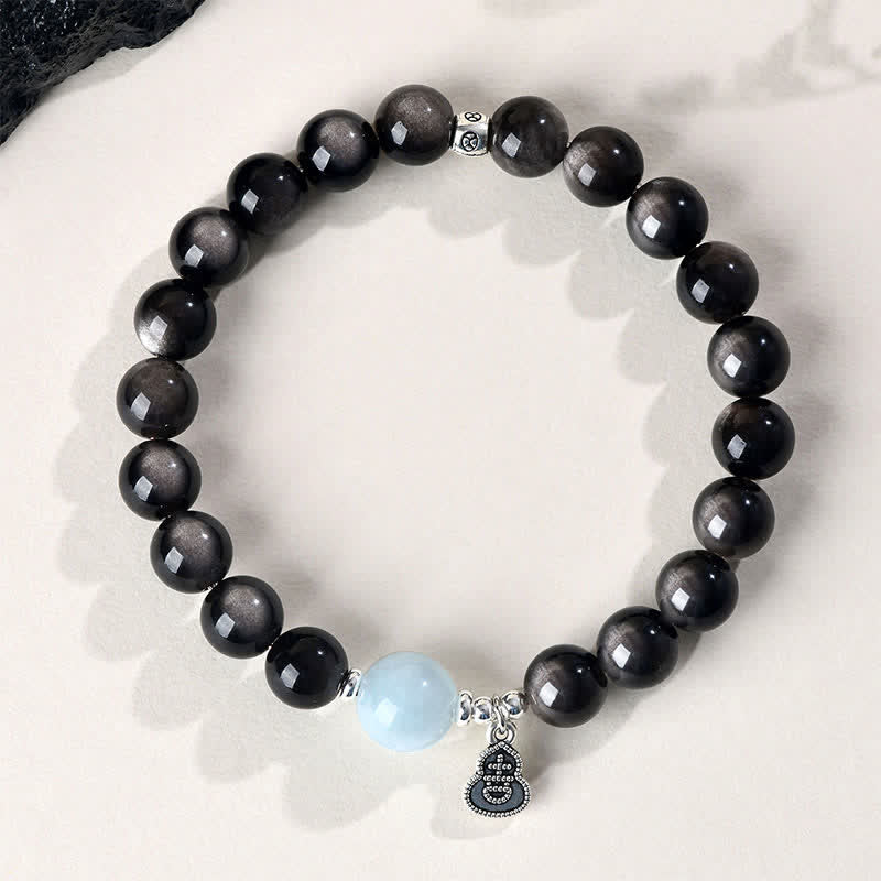 Buddha Stones Silver Sheen Obsidian Aquamarine Grounding Lucky Gourd Round Bracelet