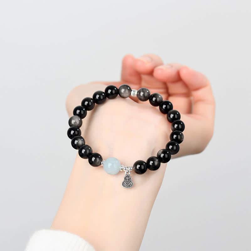 Buddha Stones Silver Sheen Obsidian Aquamarine Grounding Lucky Gourd Round Bracelet