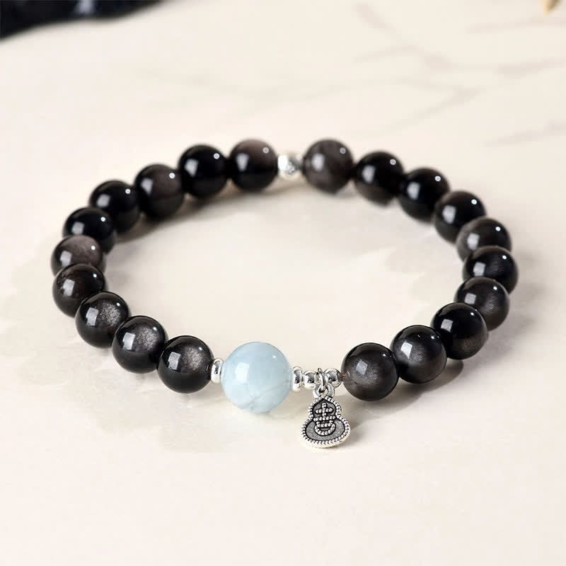Buddha Stones Silver Sheen Obsidian Aquamarine Grounding Lucky Gourd Round Bracelet