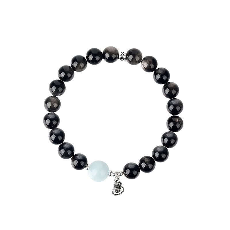 Buddha Stones Silver Sheen Obsidian Aquamarine Grounding Lucky Gourd Round Bracelet