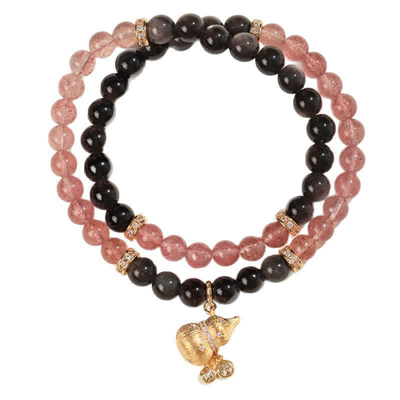 Buddha Stones Strawberry Quartz Gold-Wire Gourd Love Blessing Wrap Bracelet