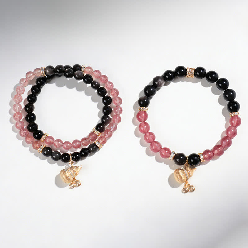 Buddha Stones Strawberry Quartz Gold-Wire Gourd Love Blessing Wrap Bracelet