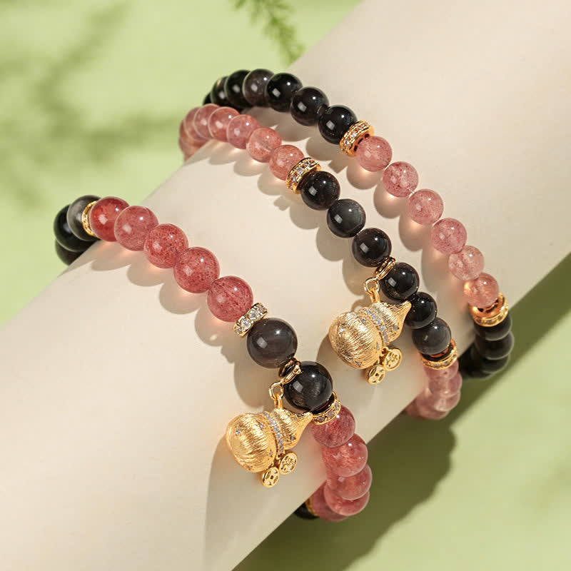 Buddha Stones Strawberry Quartz Gold-Wire Gourd Love Blessing Wrap Bracelet