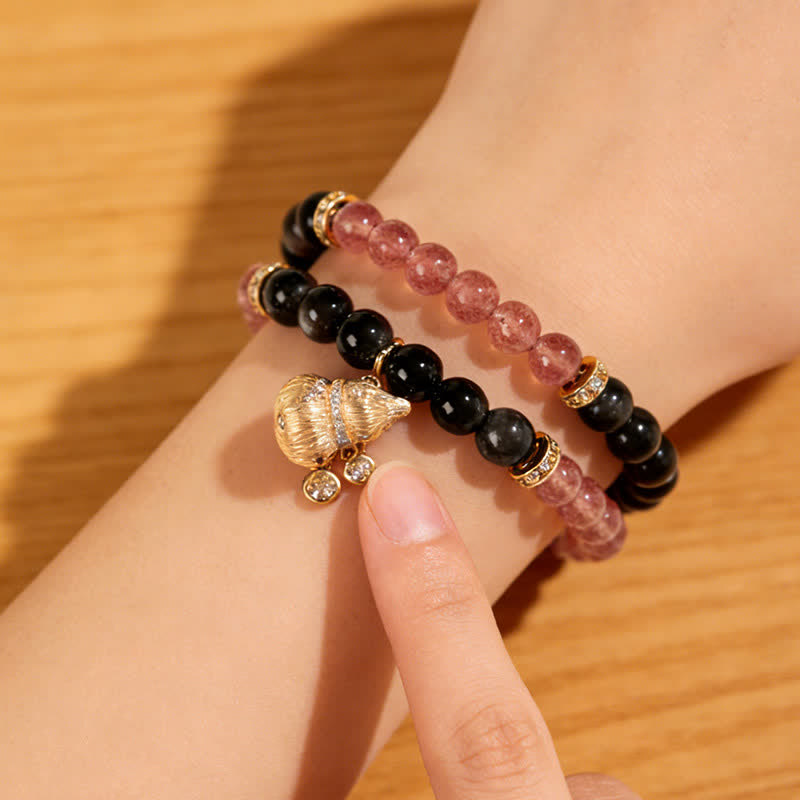 Buddha Stones Strawberry Quartz Gold-Wire Gourd Love Blessing Wrap Bracelet