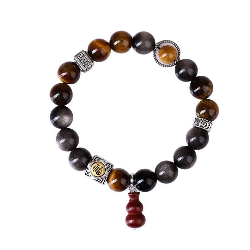 Buddha Stones Silver Sheen Obsidian Grounding Fu Character Gourd Bracelet