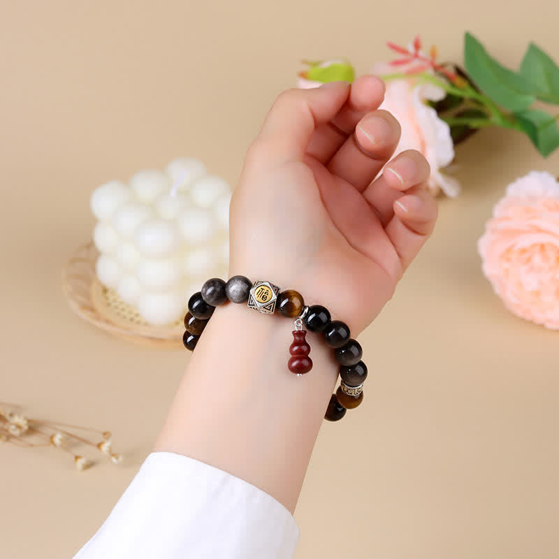 Buddha Stones Silver Sheen Obsidian Grounding Fu Character Gourd Bracelet