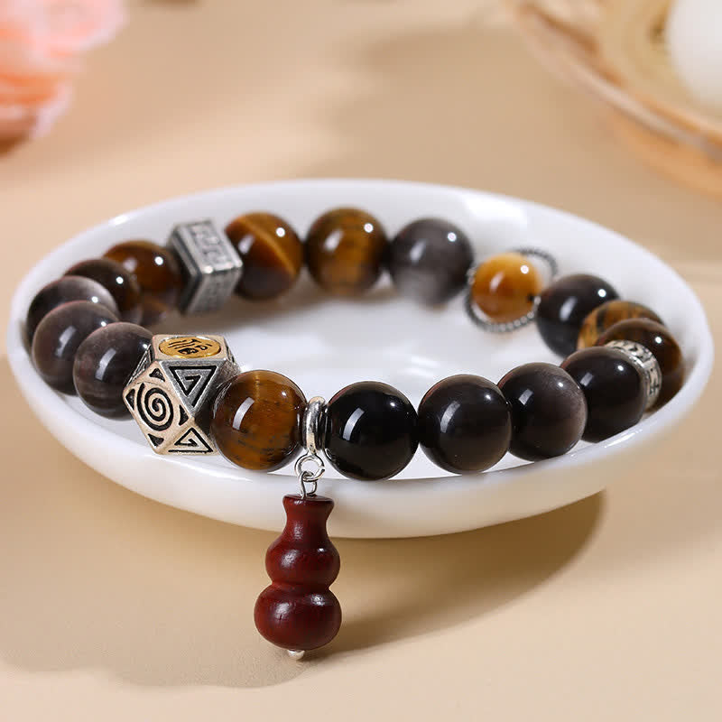 Buddha Stones Silver Sheen Obsidian Grounding Fu Character Gourd Bracelet