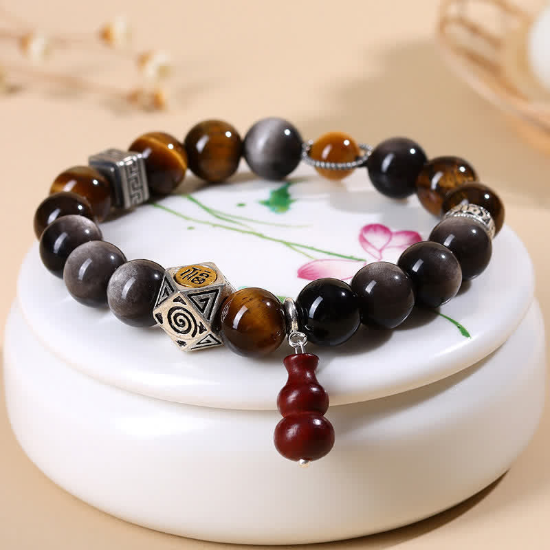 Buddha Stones Silver Sheen Obsidian Grounding Fu Character Gourd Bracelet