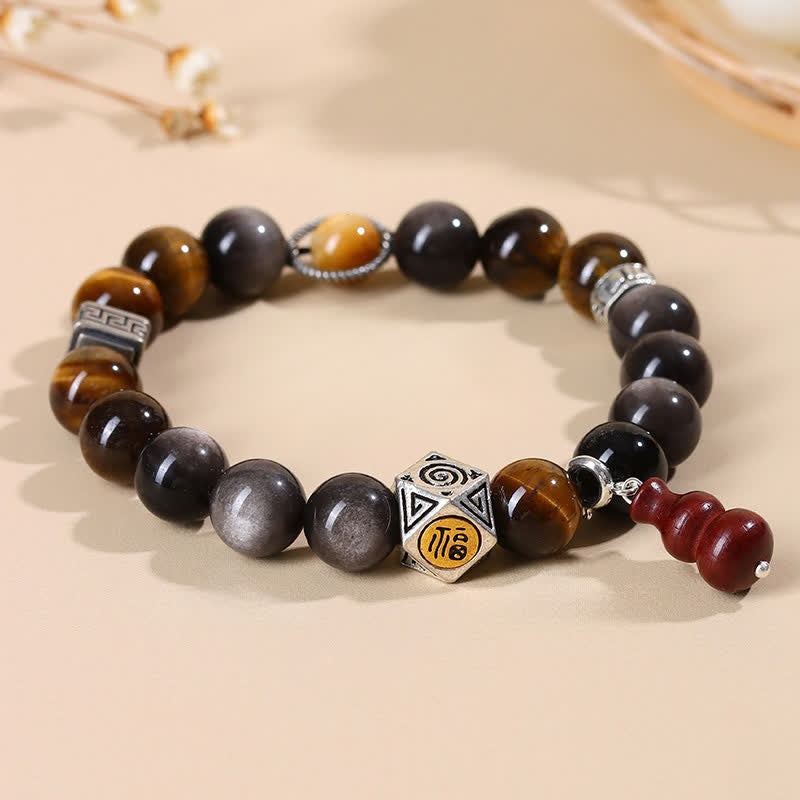 Buddha Stones Silver Sheen Obsidian Grounding Fu Character Gourd Bracelet