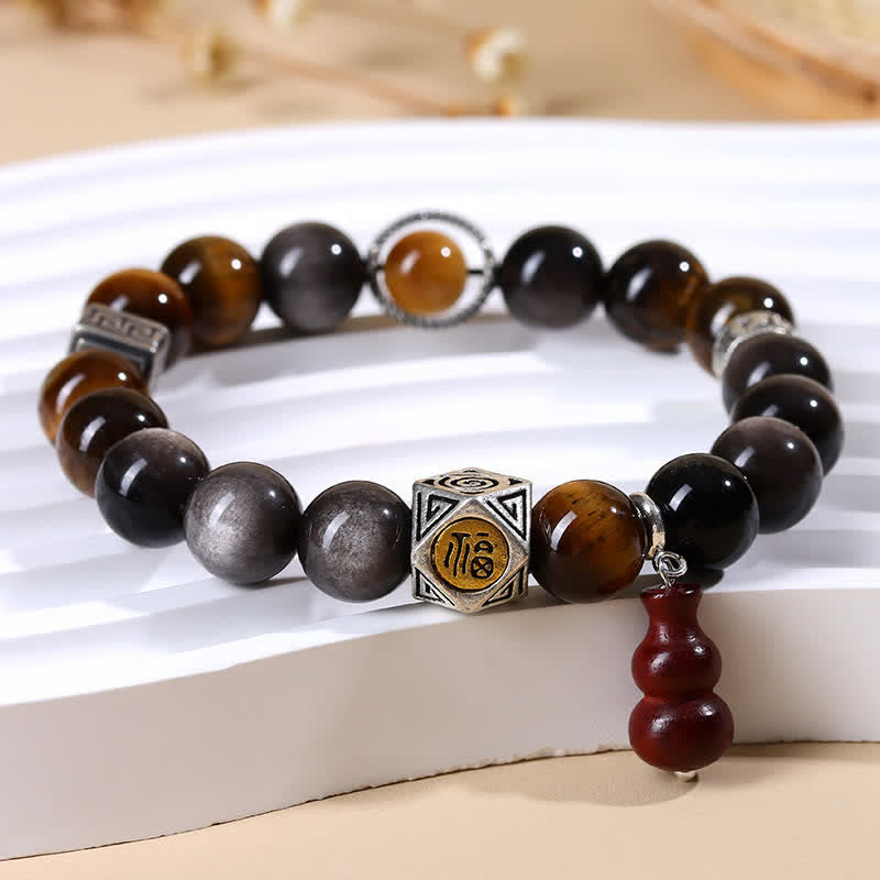 Buddha Stones Silver Sheen Obsidian Grounding Fu Character Gourd Bracelet