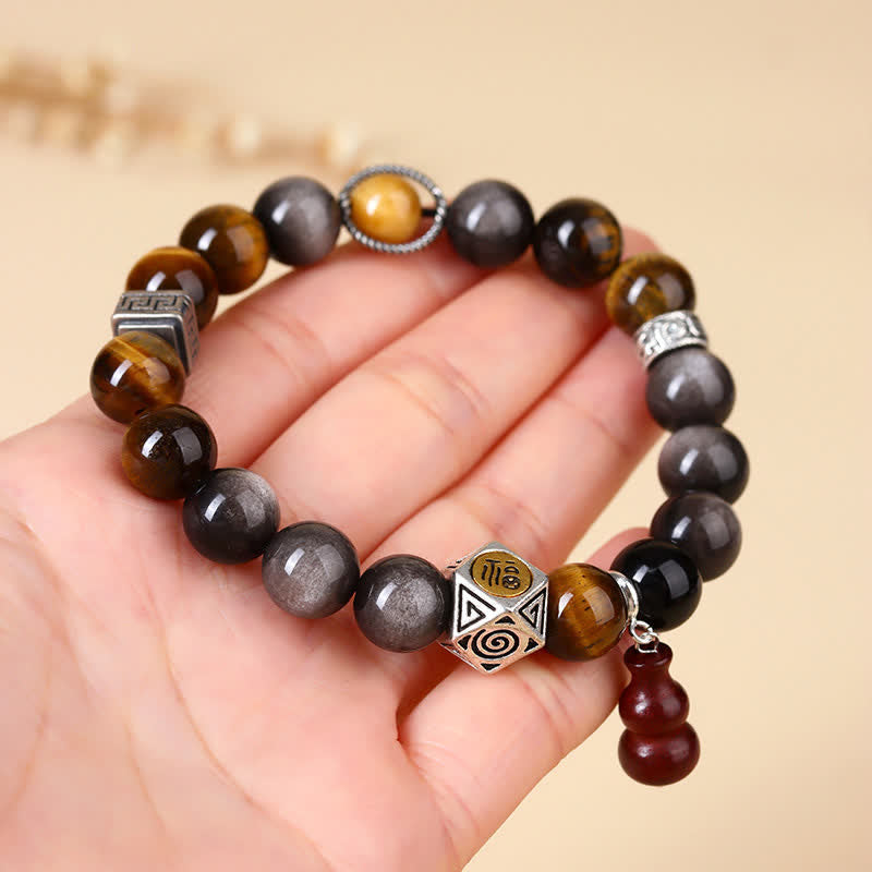 Buddha Stones Silver Sheen Obsidian Grounding Fu Character Gourd Bracelet