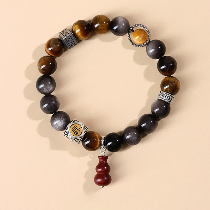 Buddha Stones Silver Sheen Obsidian Grounding Fu Character Gourd Bracelet