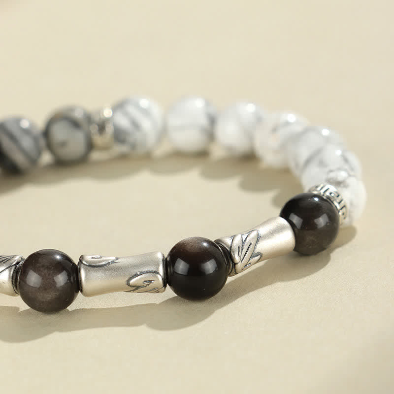 EverestArtStudios 999 Sterling Silver White Turquoise And Silver Sheen Obsidian Bamboo Grounding Round Bracelet
