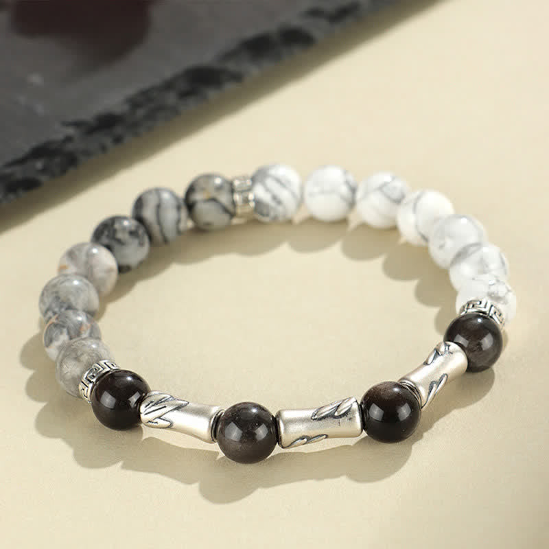 EverestArtStudios 999 Sterling Silver White Turquoise And Silver Sheen Obsidian Bamboo Grounding Round Bracelet