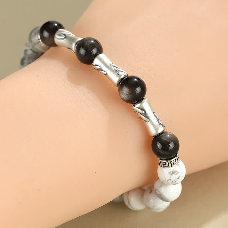EverestArtStudios 999 Sterling Silver White Turquoise And Silver Sheen Obsidian Bamboo Grounding Round Bracelet