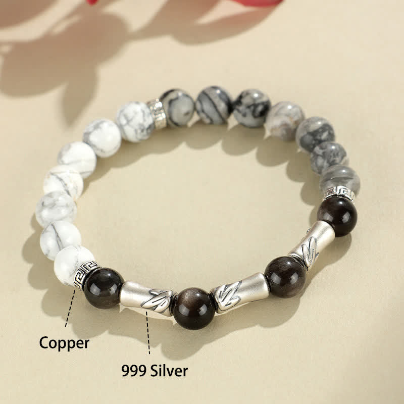 EverestArtStudios 999 Sterling Silver White Turquoise And Silver Sheen Obsidian Bamboo Grounding Round Bracelet