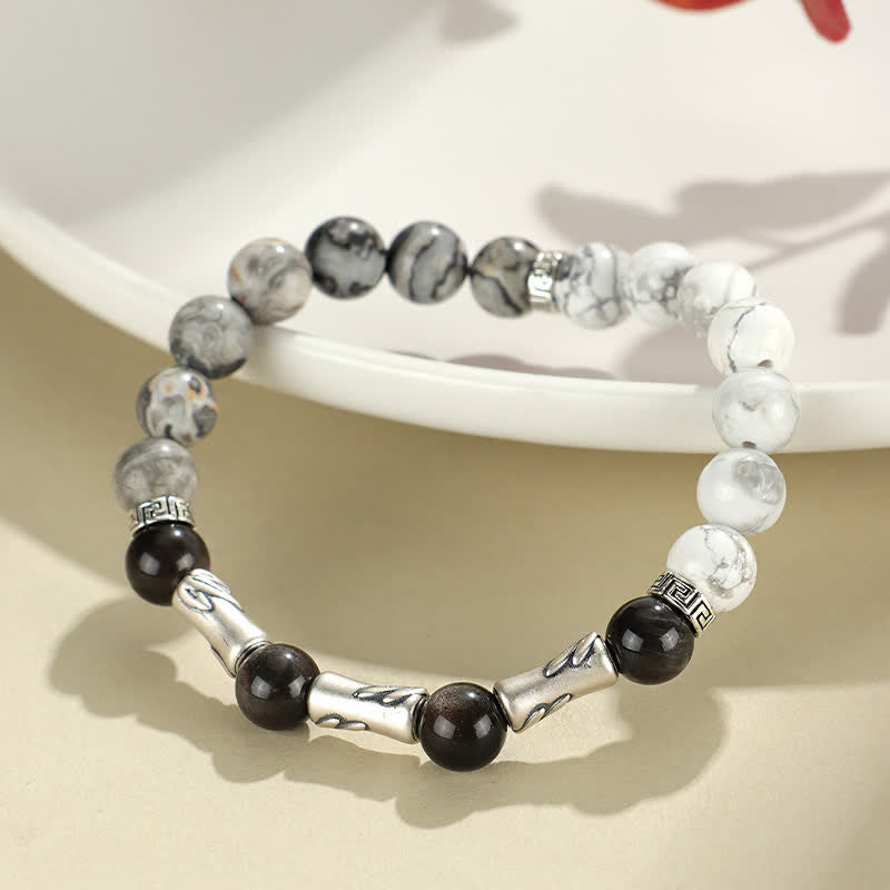Buddha Stones 999 Sterling Silver White Turquoise And Silver Sheen Obsidian Bamboo Grounding Round Bracelet