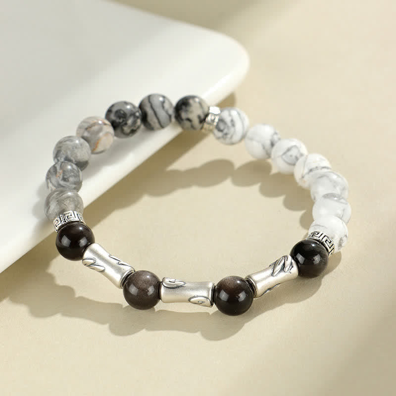 EverestArtStudios 999 Sterling Silver White Turquoise And Silver Sheen Obsidian Bamboo Grounding Round Bracelet