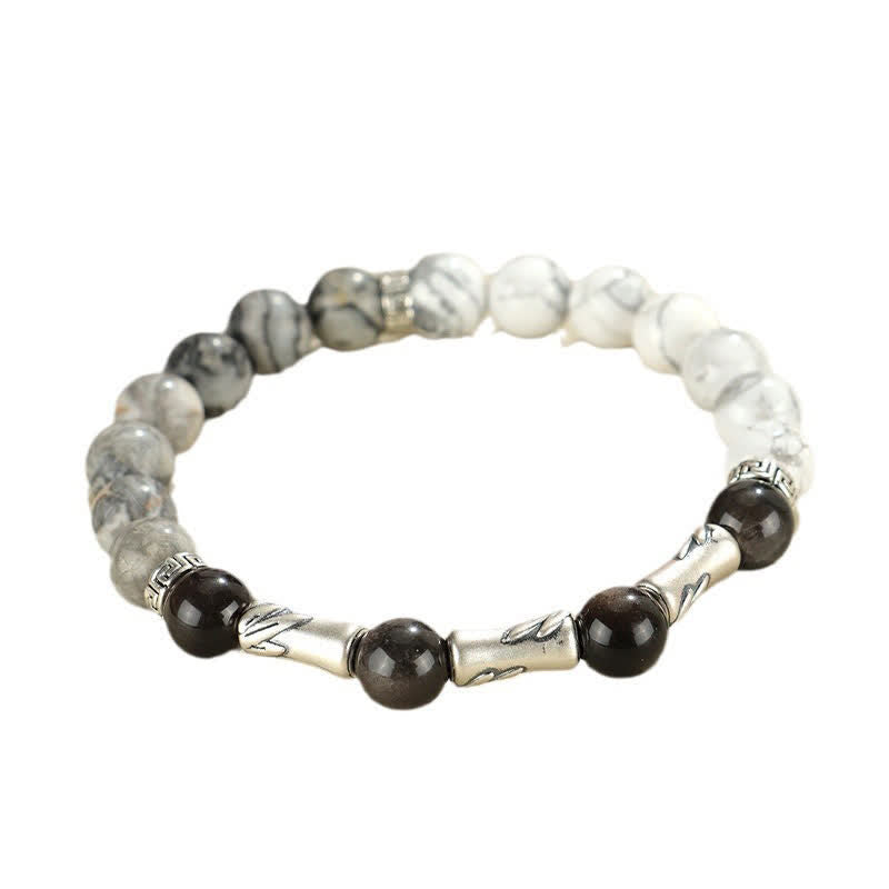 EverestArtStudios 999 Sterling Silver White Turquoise And Silver Sheen Obsidian Bamboo Grounding Round Bracelet