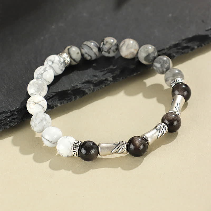 EverestArtStudios 999 Sterling Silver White Turquoise And Silver Sheen Obsidian Bamboo Grounding Round Bracelet