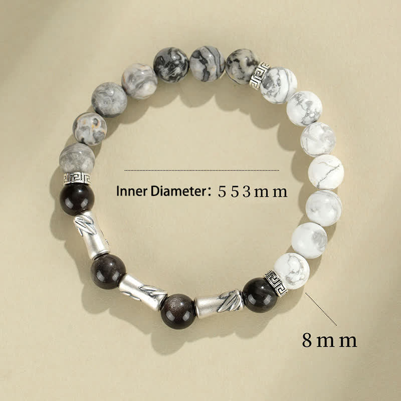 Buddha Stones 999 Sterling Silver White Turquoise And Silver Sheen Obsidian Bamboo Grounding Round Bracelet