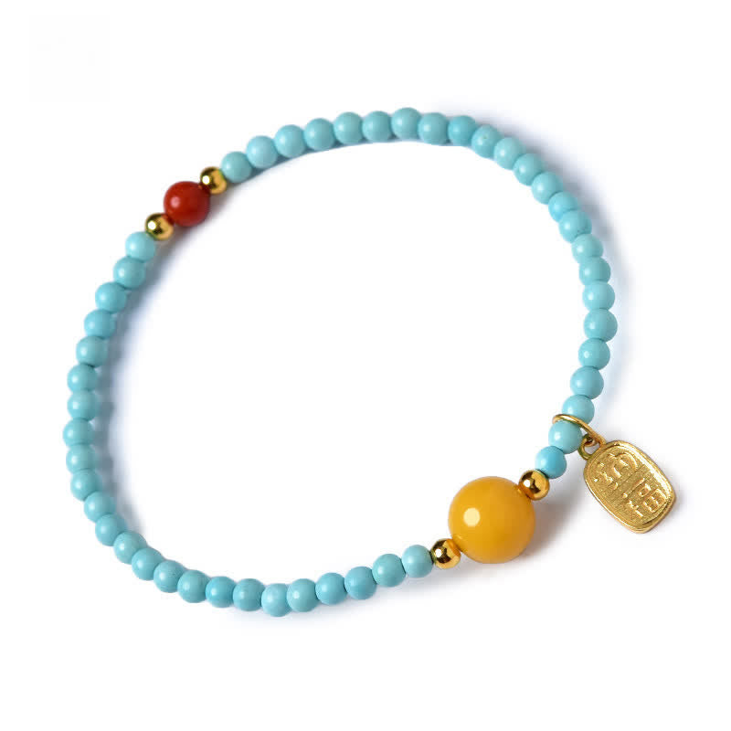 EverestArtStudios Turquoise Fu Character Luck Handcrafted Beaded Bracelet