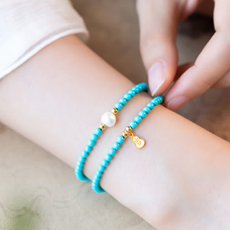 EverestArtStudios Turquoise Pearl Gourd Pendant Double Wrap Protection Handmade Bracelet
