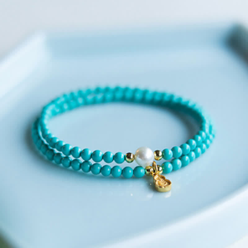 EverestArtStudios Turquoise Pearl Gourd Pendant Double Wrap Protection Handmade Bracelet