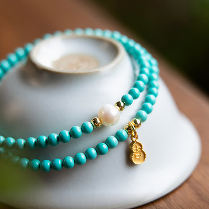 EverestArtStudios Turquoise Pearl Gourd Pendant Double Wrap Protection Handmade Bracelet