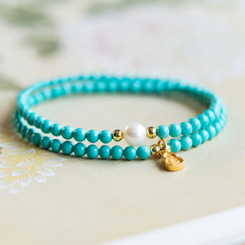 EverestArtStudios Turquoise Pearl Gourd Pendant Double Wrap Protection Handmade Bracelet