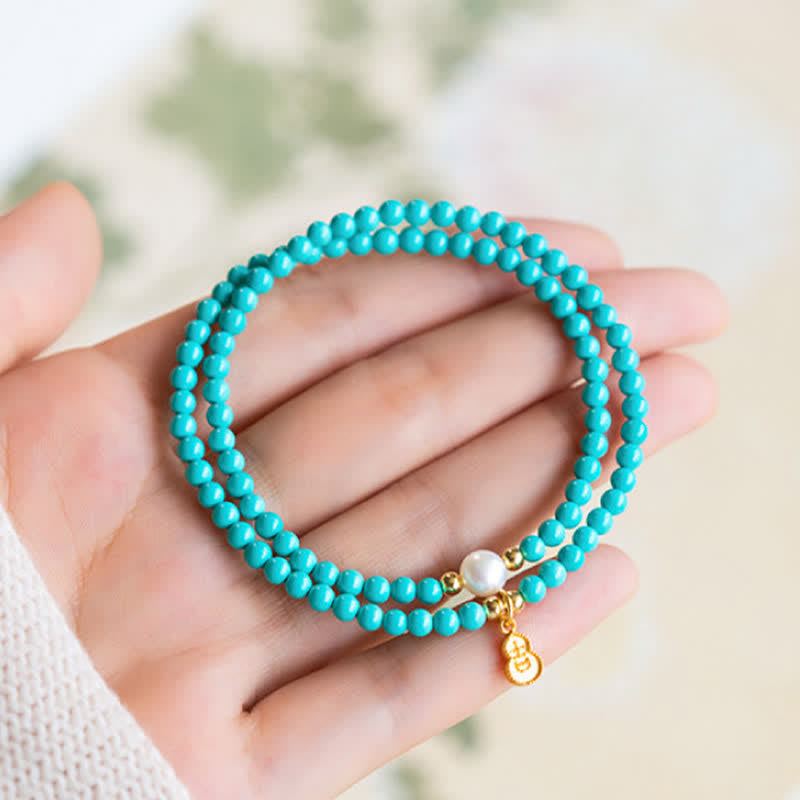 EverestArtStudios Turquoise Pearl Gourd Pendant Double Wrap Protection Handmade Bracelet