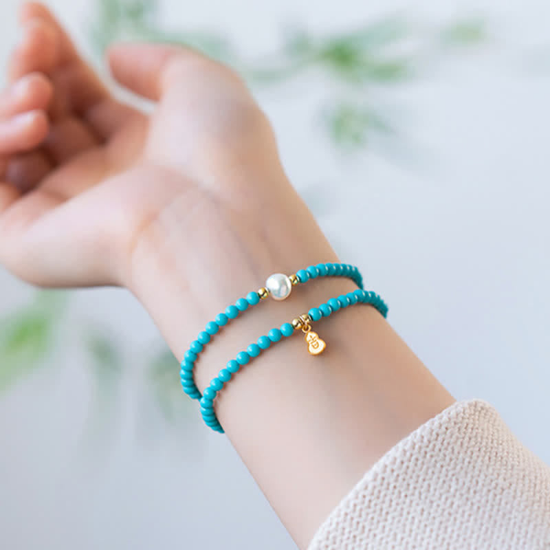 EverestArtStudios Turquoise Pearl Gourd Pendant Double Wrap Protection Handmade Bracelet