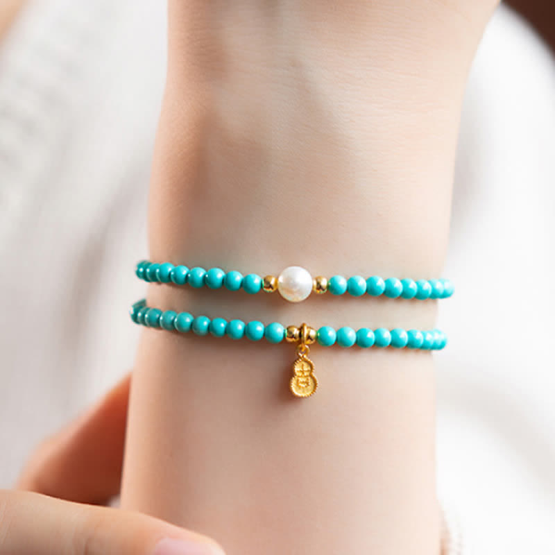 EverestArtStudios Turquoise Pearl Gourd Pendant Double Wrap Protection Handmade Bracelet