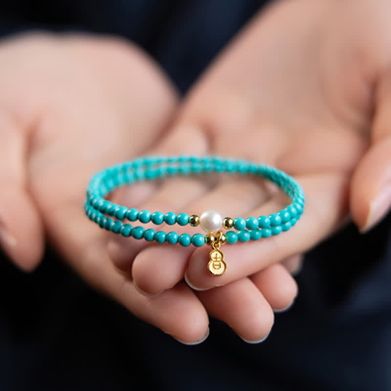 EverestArtStudios Turquoise Pearl Gourd Pendant Double Wrap Protection Handmade Bracelet