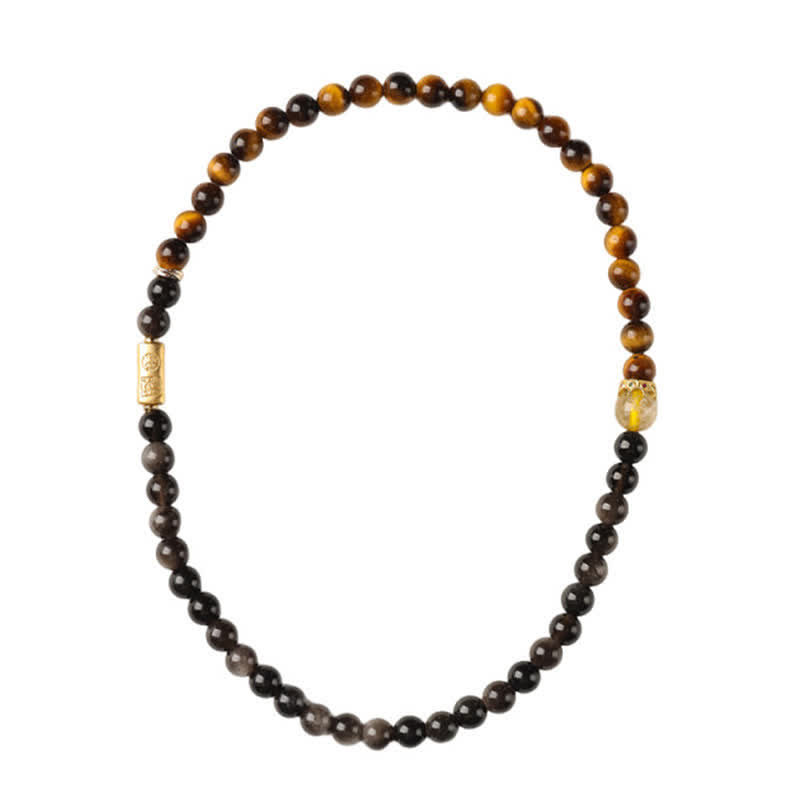 Buddha Stones Tiger Eye Silver Sheen Obsidian Prosperity Hand-Woven Double Wrap Bracelet