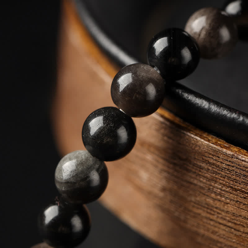 Buddha Stones Tiger Eye Silver Sheen Obsidian Prosperity Hand-Woven Double Wrap Bracelet