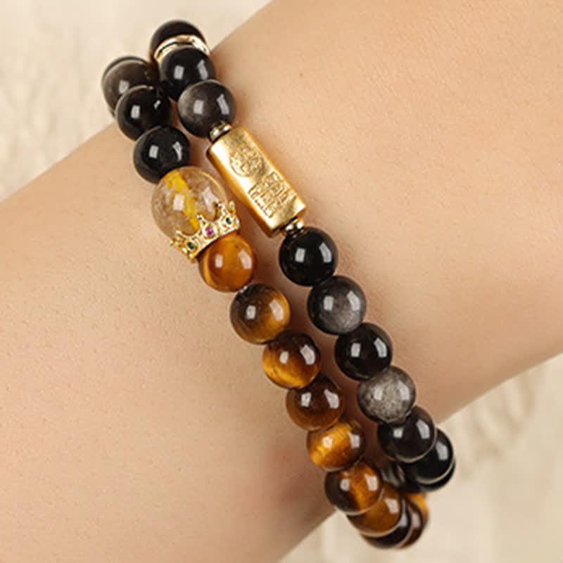 Buddha Stones Tiger Eye Silver Sheen Obsidian Prosperity Hand-Woven Double Wrap Bracelet