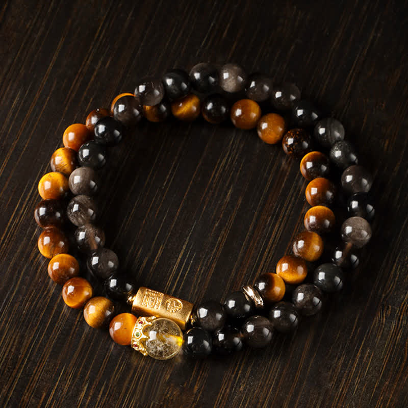 Buddha Stones Tiger Eye Silver Sheen Obsidian Prosperity Hand-Woven Double Wrap Bracelet