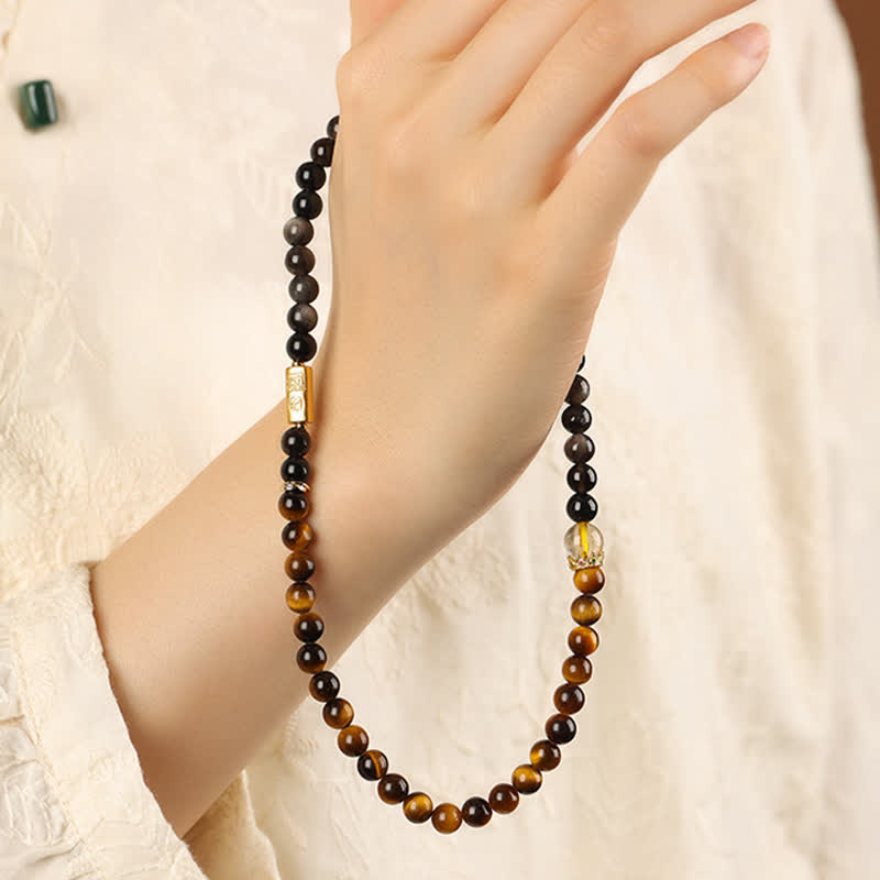 Buddha Stones Tiger Eye Silver Sheen Obsidian Prosperity Hand-Woven Double Wrap Bracelet