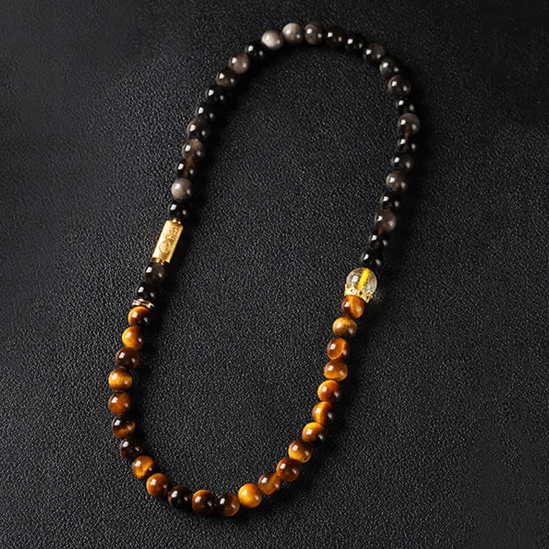 Buddha Stones Tiger Eye Silver Sheen Obsidian Prosperity Hand-Woven Double Wrap Bracelet
